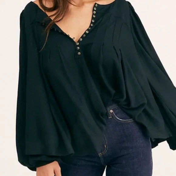 Free People Devin Black Balloon Sleeve Henley Oversized Textured Knit Top - Picture 2 of 13